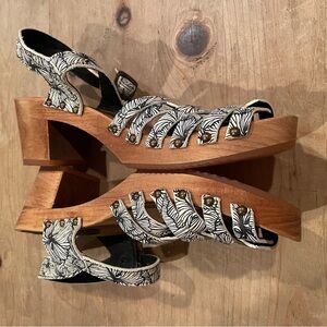 Sanita Wood Leather Black White floral studded Women’s Sandals 10